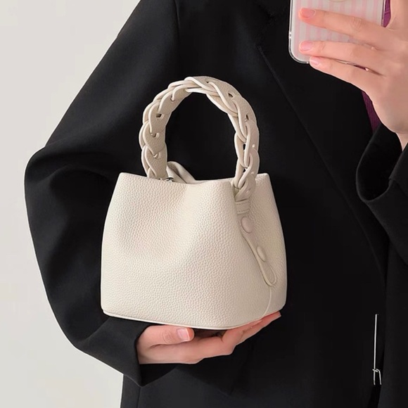 Elegant Braided Handle‎ Mini Tote Bag in Cream Pebbled Leather Versatile&Stylish - Picture 2 of 4